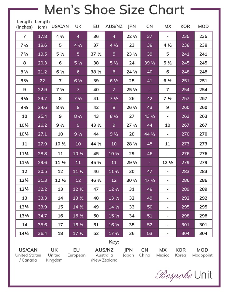 shoe sizes table international